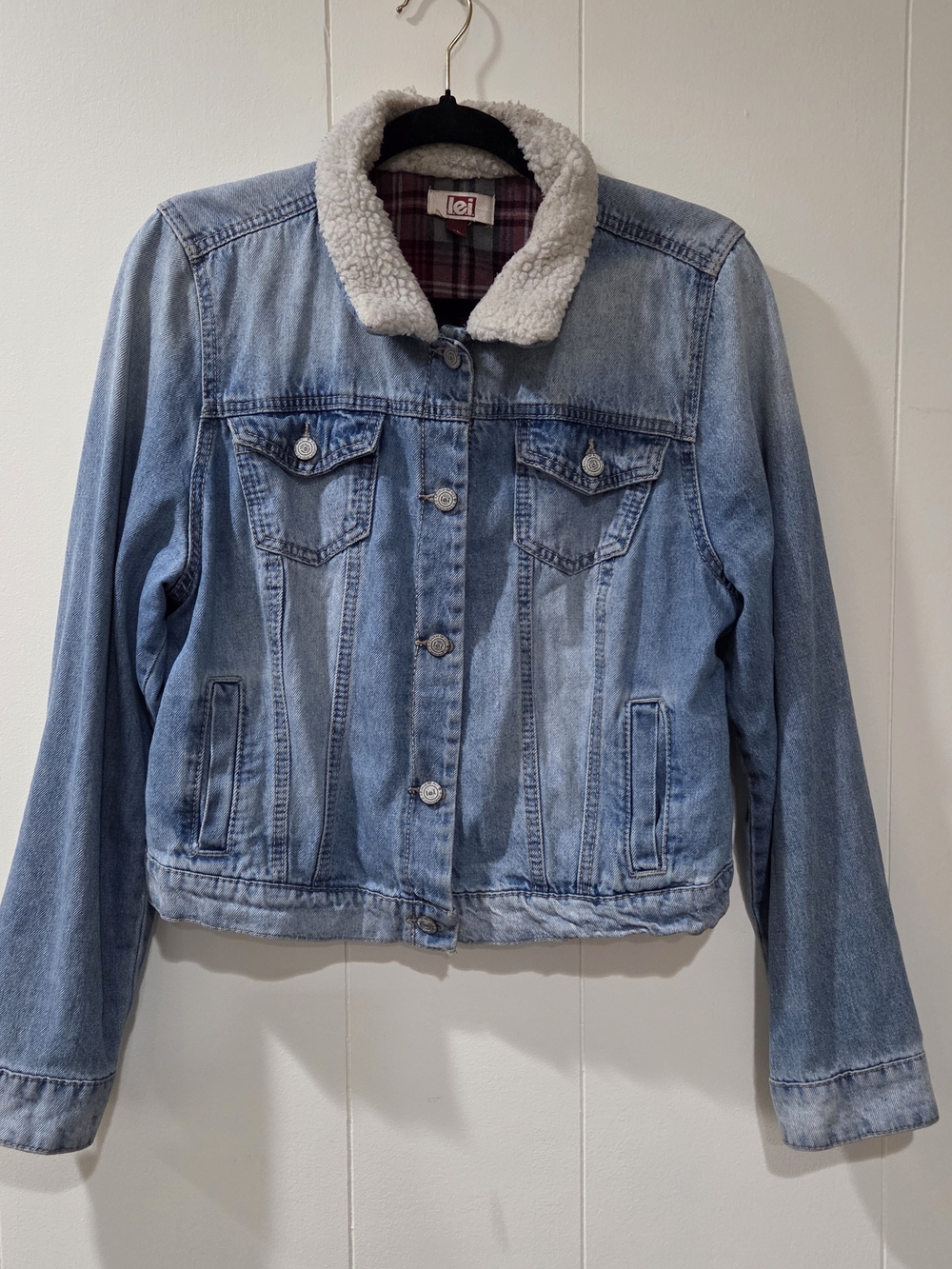 Vintage l.e.i. Denim Trucker Jacket XL Sherpa Collar Plaid Flannel Lined Y2K 90s
